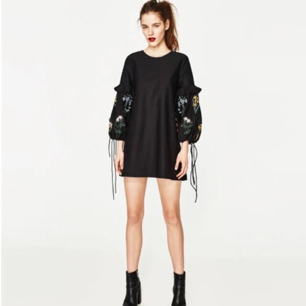 Zara Embroidered Tie Sleeve Mini Poplin Shift Floral Dress Size XS Black Cotton